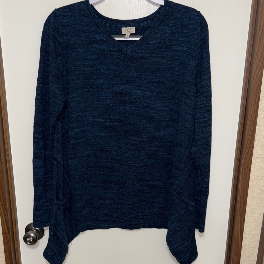 LoGo by Lori Goldstein Blue Cotton Cashmere Pullover Sweater Size Large Asym Hem